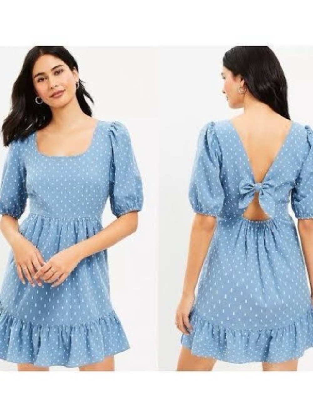LOFT Light Blue Backless Tie-Back Puff Sleeve Mini Dress